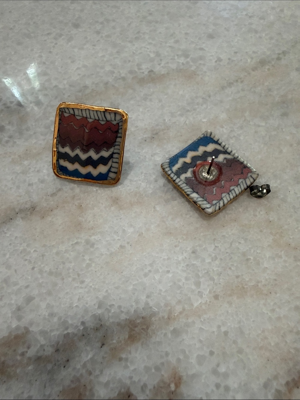 Square Porcelain Chevron Stud Earrings in Pink, Blue & White w/ 14k Gold Trim